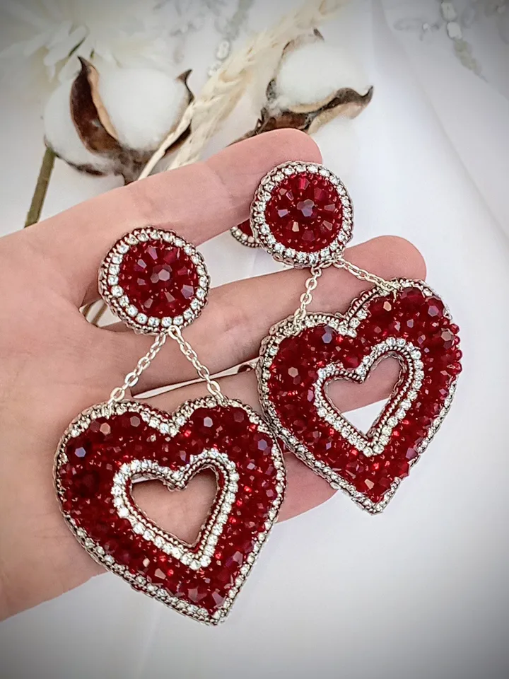 Crystal statement Red heart shaped earrings for women-big love earrings- dangle valentines earrings-heart gift for her