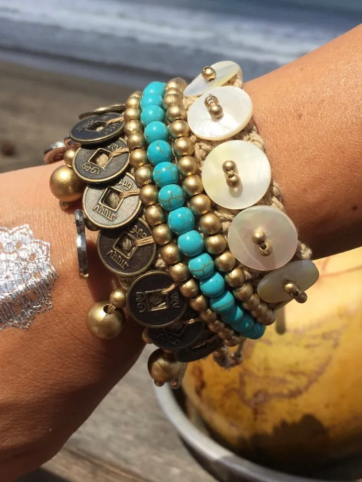 Boho Hippie Coachella Pearl Chinese Coin Bracelet | Macrame crochet tie bracelet | Bohemian Jewerly | shell bracelet bali crochet bohemian