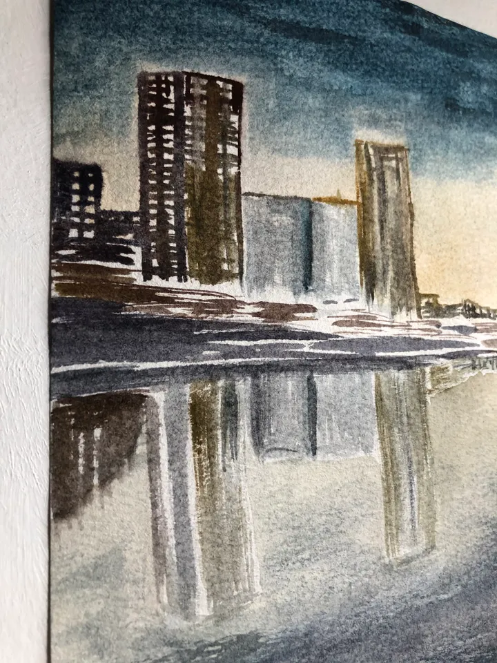 Night city cityscape wall art hand painted modern watercolour painting