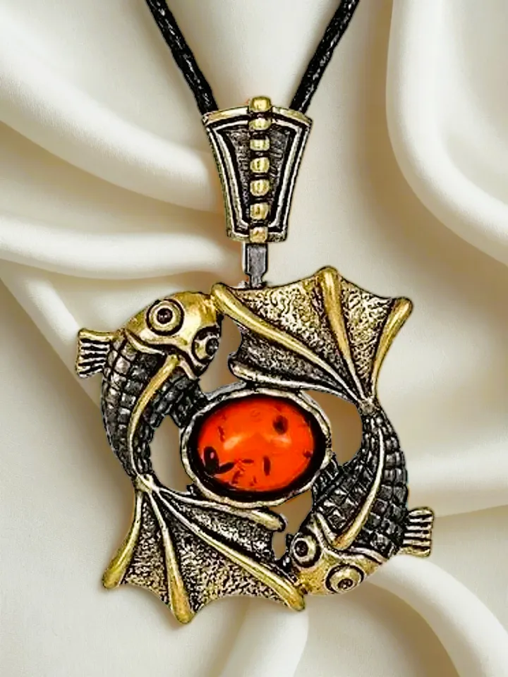 Pisces necklace Pisces pendant gold antique brass amber zodiac sign jewelry amulet necklace men and women Fish jewelry