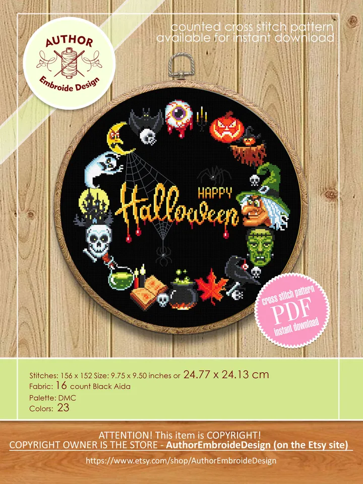 Halloween wreath cross stitch pattern download PDF, Spooky Halloween cross stitch chart, Halloween pattern digital PDF, Beginner stitch #H45