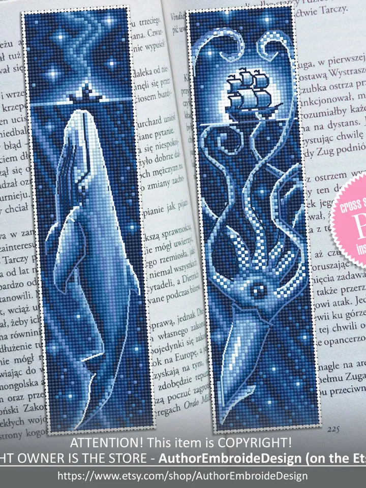Ocean bookmark set cross stitch pattern download PDF Blue whale cross stitch, Kraken cross stitch Sea monster Handmade bookmark digital #B86