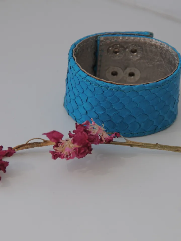 Genuine Python Skin Bracelet Flat Blue Turquise Leather Bracelet | Handmade Leather Bracelet | Leather Bracelet Woman | Leather Bracelet