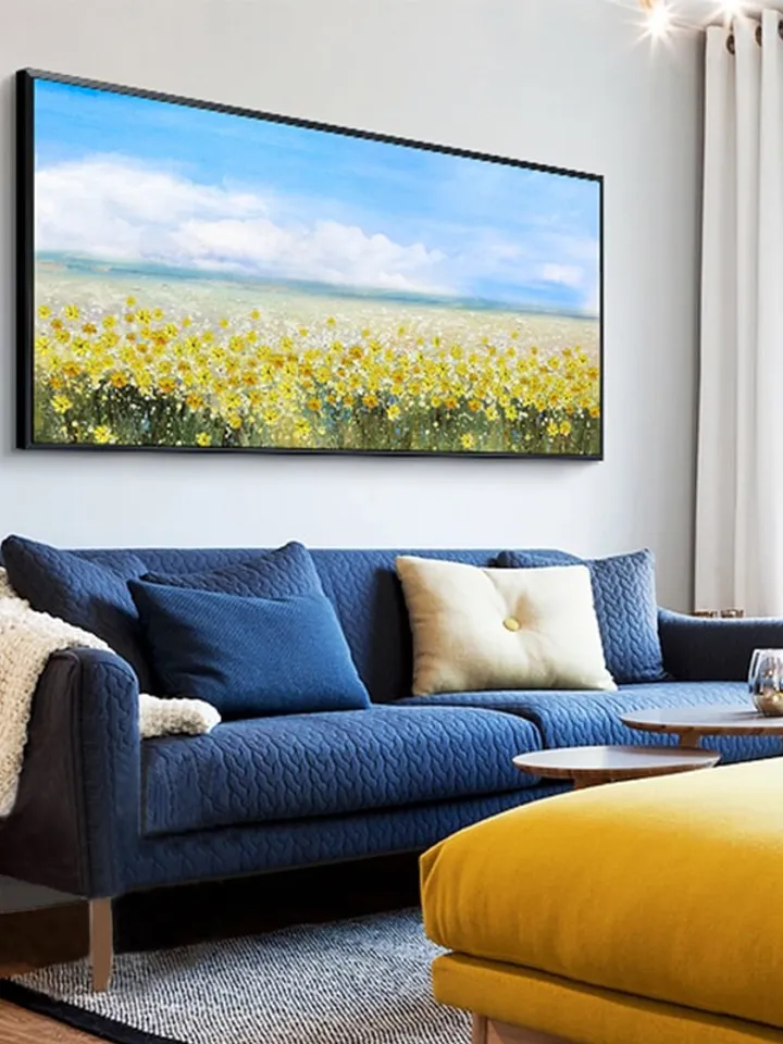 oil painting flower on canvas, original flower painting,yellow flower painting, blue sky painting, landscape painting,living room wall art