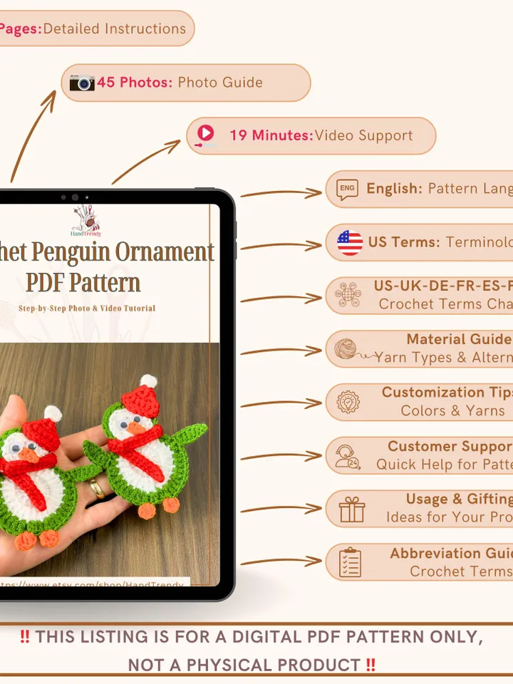 Crochet Penguin Ornament PDF Pattern, DIY Christmas Penguin Decoration, Handmade Festive Penguin Applique, Holiday Crochet Design