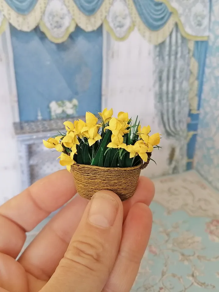 Flowers in a basket. Dollhouse miniature. Handmade. 1:12.