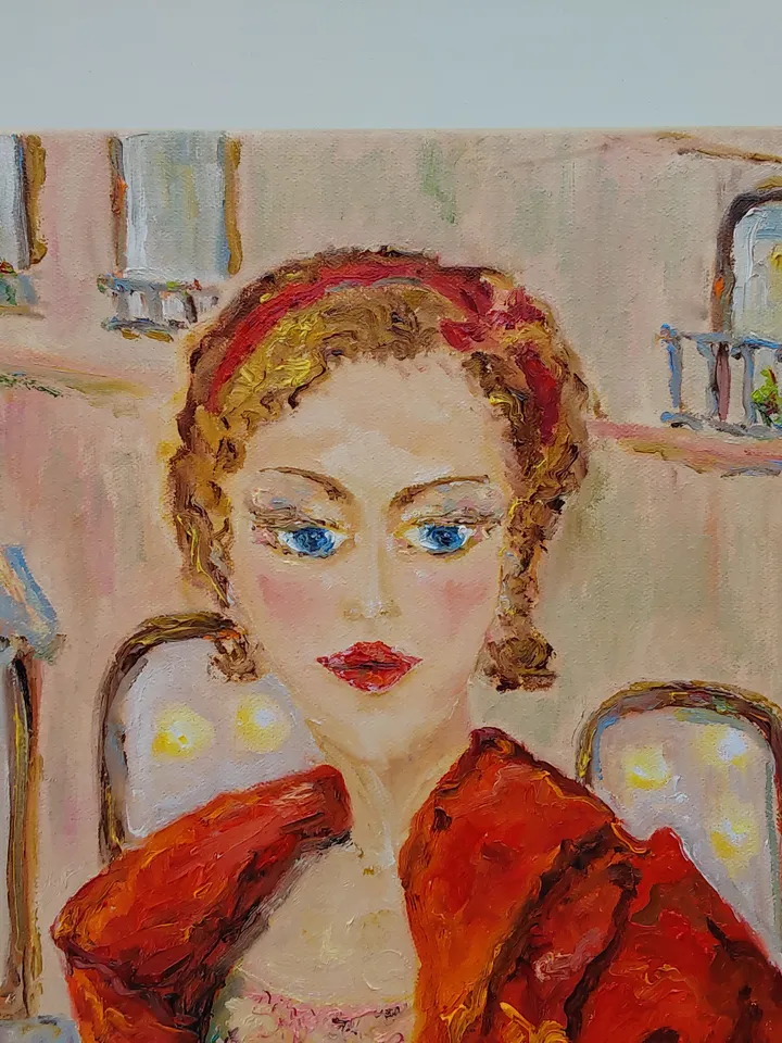 "Street cafe. Woman in red" oil painting on canvas 50x50cm (20x20 inch)
