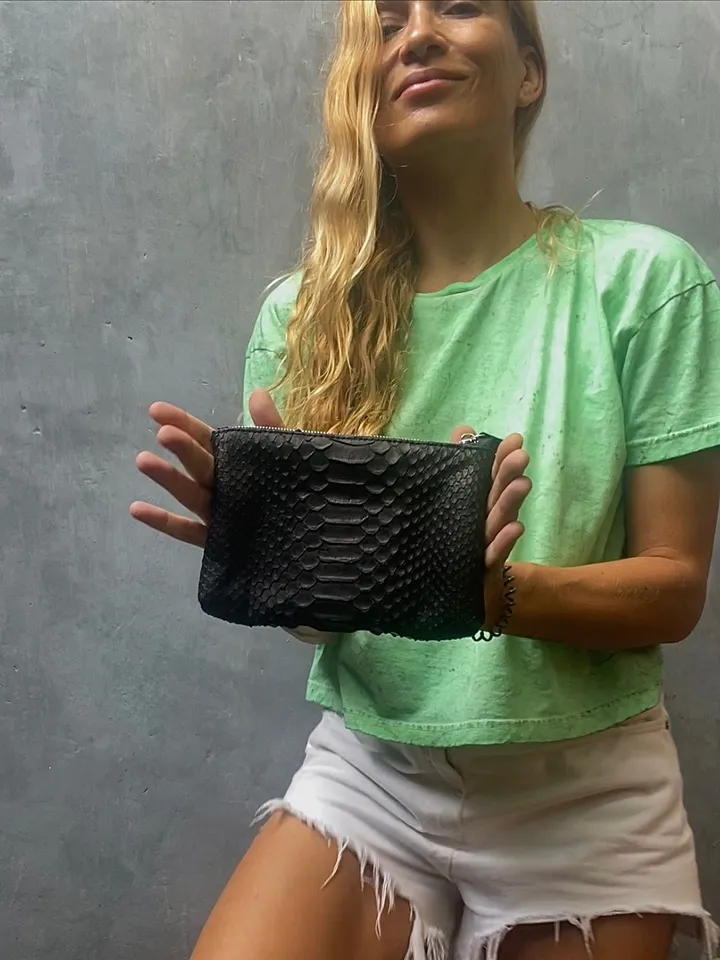 Genuine python skin black cosmetic bag/ Purse Insert Organizer/ Bag Insert For Tote Bag/ exotic leather wallet / small snake skin clutch