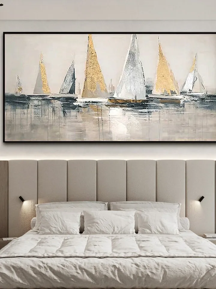 Abstract Sailboats Painting on Canvas,Original Painting,Golden Sailboats Art,Ocean Art,Bedroom Wall Art,Large Painting,Gift for Housewarming