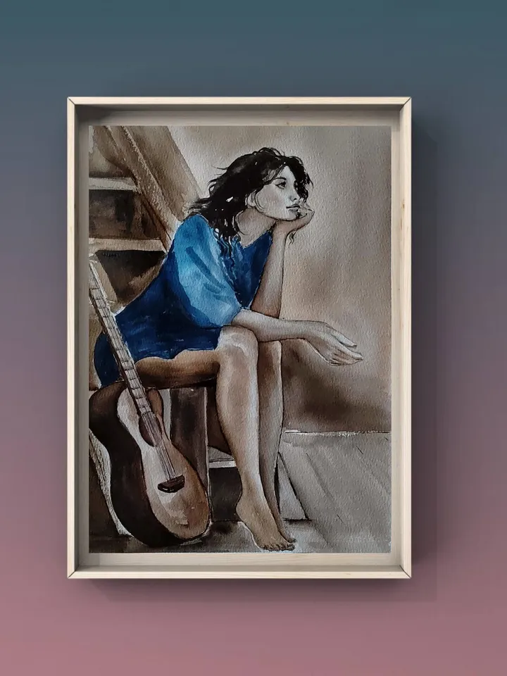 Girl with Guitar Artwork Original Watercolor Painting 8.27x 11.42 in by Art Café