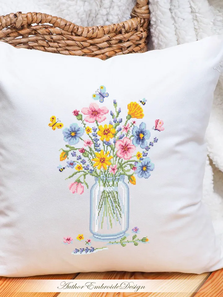 Wildflower bouquet cross stitch pattern PDF download Watercolor wildflowers cross stitch, Wild flowers in mason jar pattern digital PDF #P56
