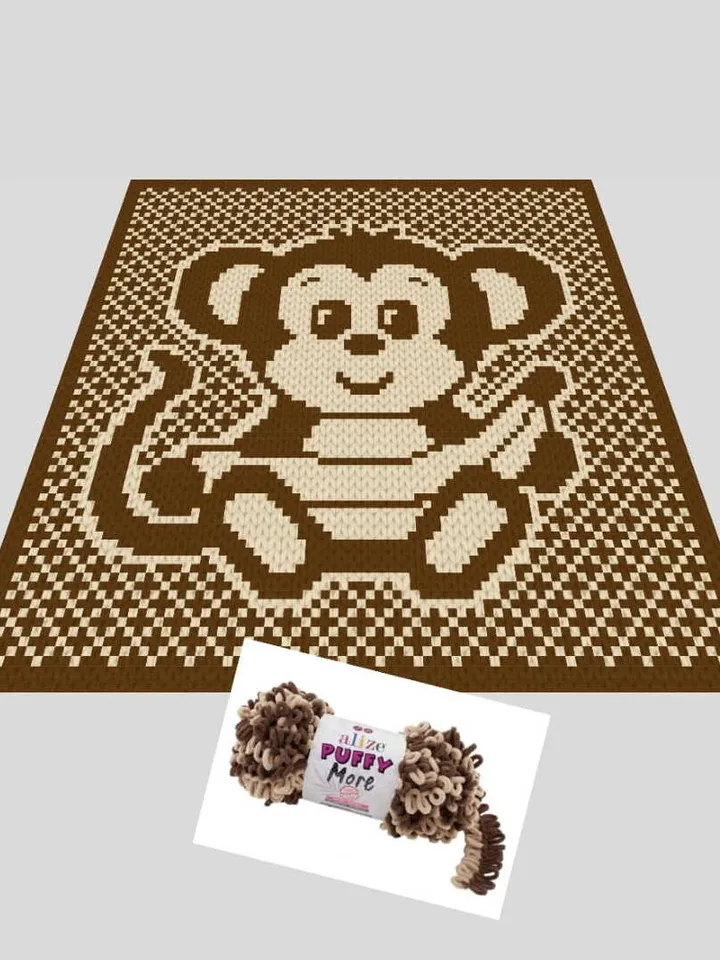 Loop yarn Finger knitted Monkey with banana blanket pattern