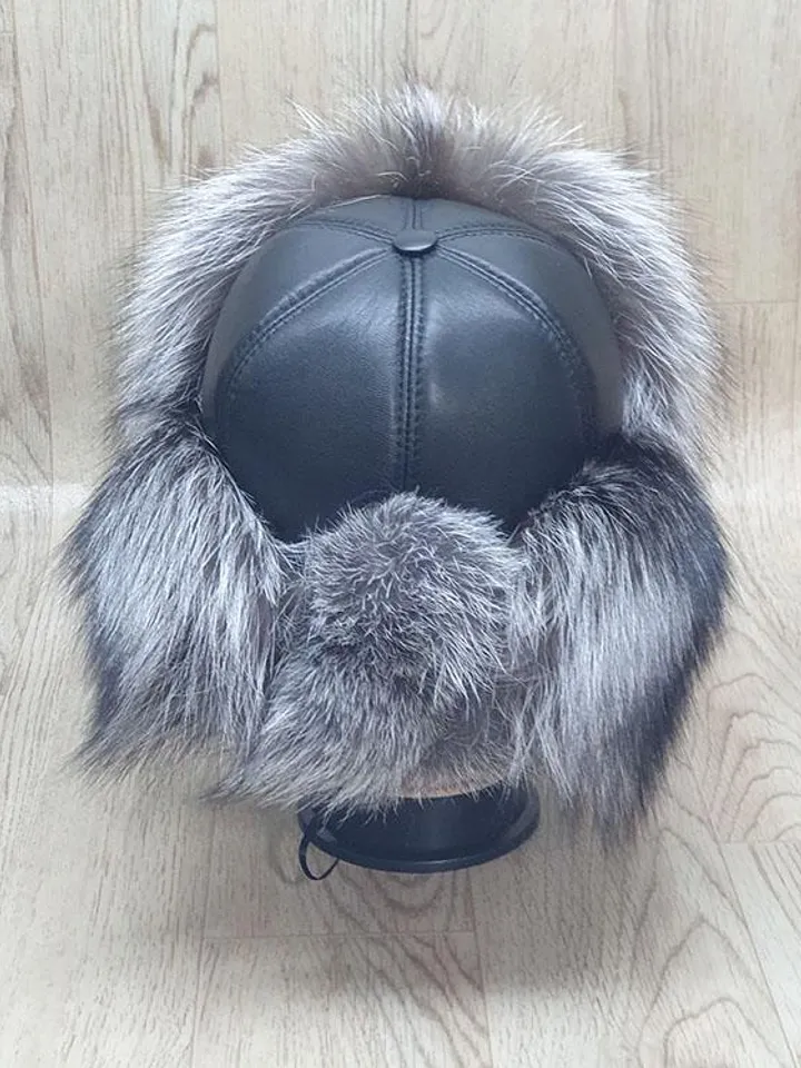 Women's Silver Fox Hat. Fur hat for Winter. Top of the hat is genuine leather. Hat with a pompom. Model Zimushka, Warm, Comfortable, Fashion