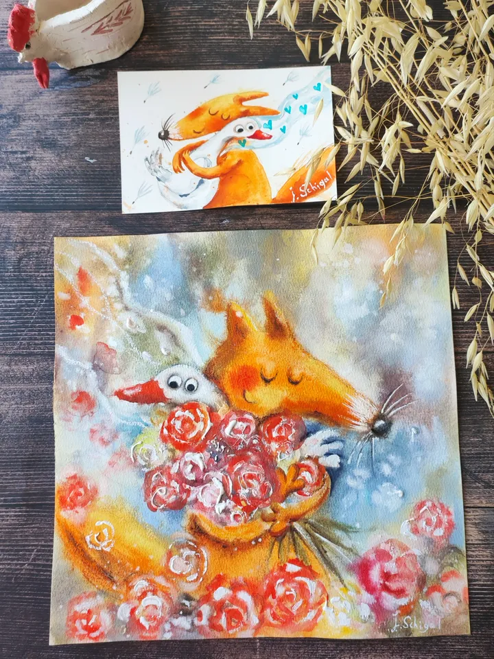 27x27cm Artwork by Julia Schigal "The Best Gift" - watercolor, gouache, pastel
