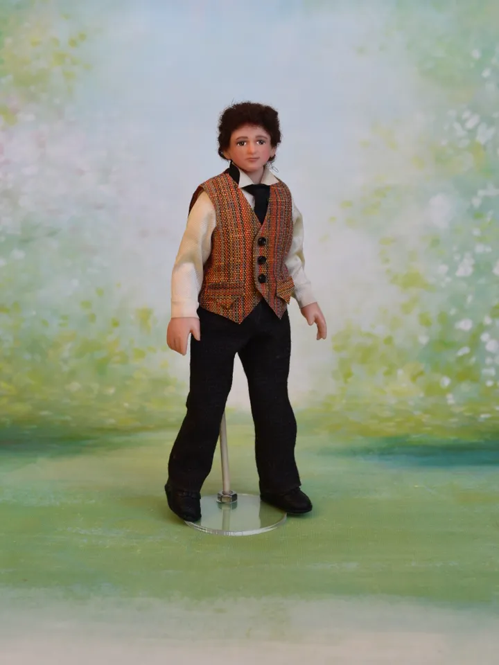Miniature gentleman doll in 12 scale for a Victorian dollhouse.