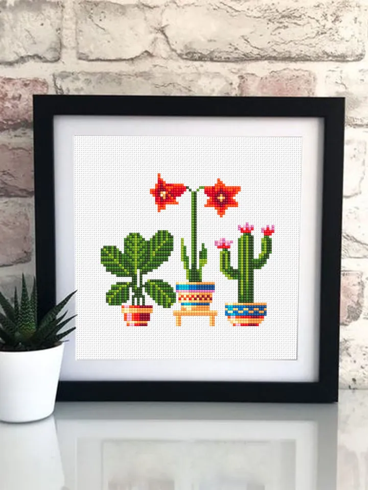 Potted house plants cross stitch pattern PDF download Floral cross stitch chart, Easy small cross stitch sampler, Plant lover gift #P17