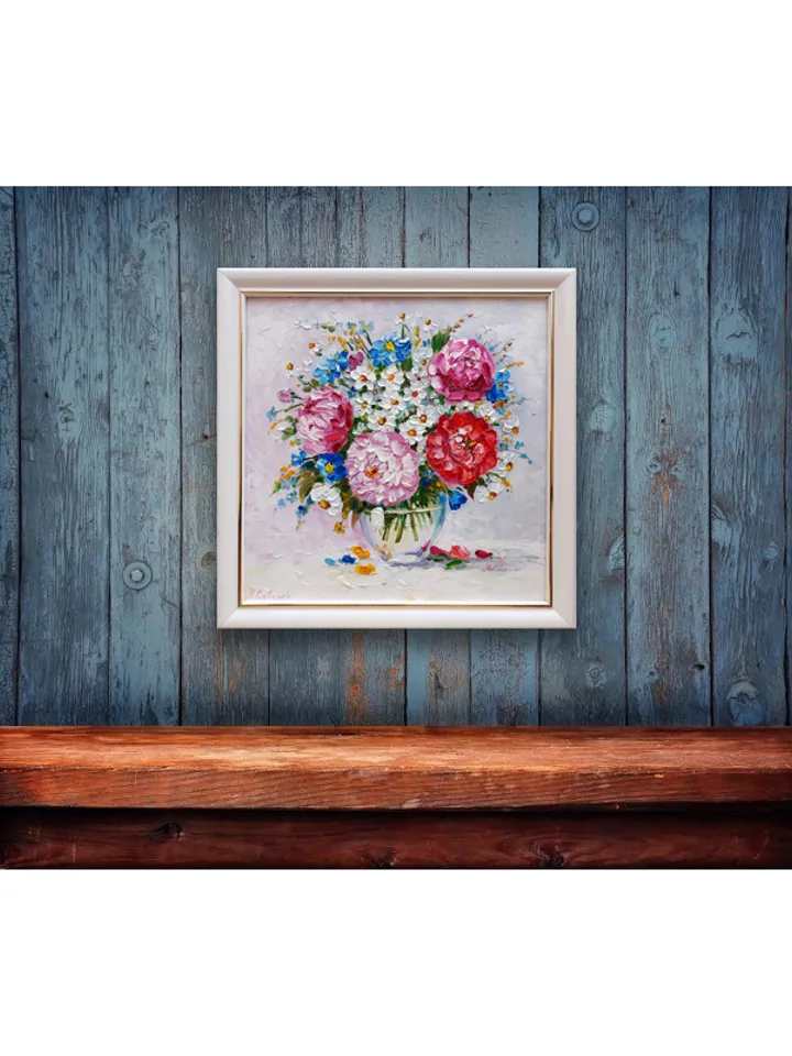 Original oil painting Peonies and Daisies Bright bouquet of flowers 8 by 8 inches (20x20cm) by OilPaintingNatali