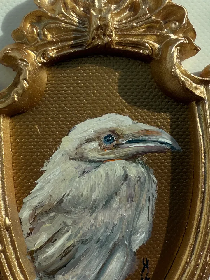 Framed Albino Raven Painting Small Original Witch’s Friend Artwork Crow Art Tiny Oil Painting Bird