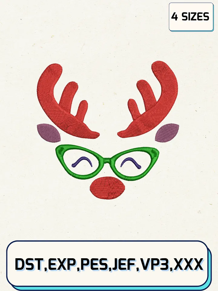Christmas Reindeer Eyeglasses Faces Embroidery Design,Christmas Embroidery Designs,Machine Embroidery Files,Reindeer Embroidery Design,4 Sizes