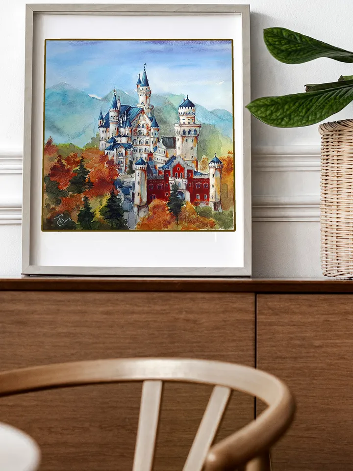 Watercolor painting Swan Castle. Bavaria 28x29,5 cm (11х11,6 inches)