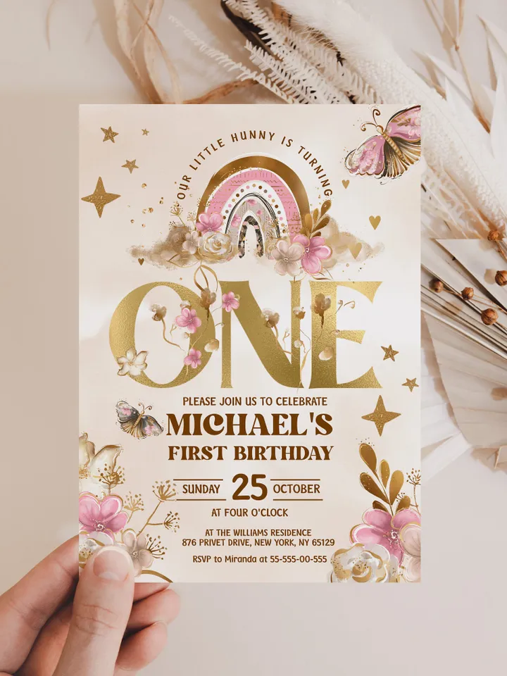 Editable Girl Birthday Invitation; Flowers Boho Rainbow Butterflyes Birthday; Cute girl invitation any age; boho rainbow birthday invitation
