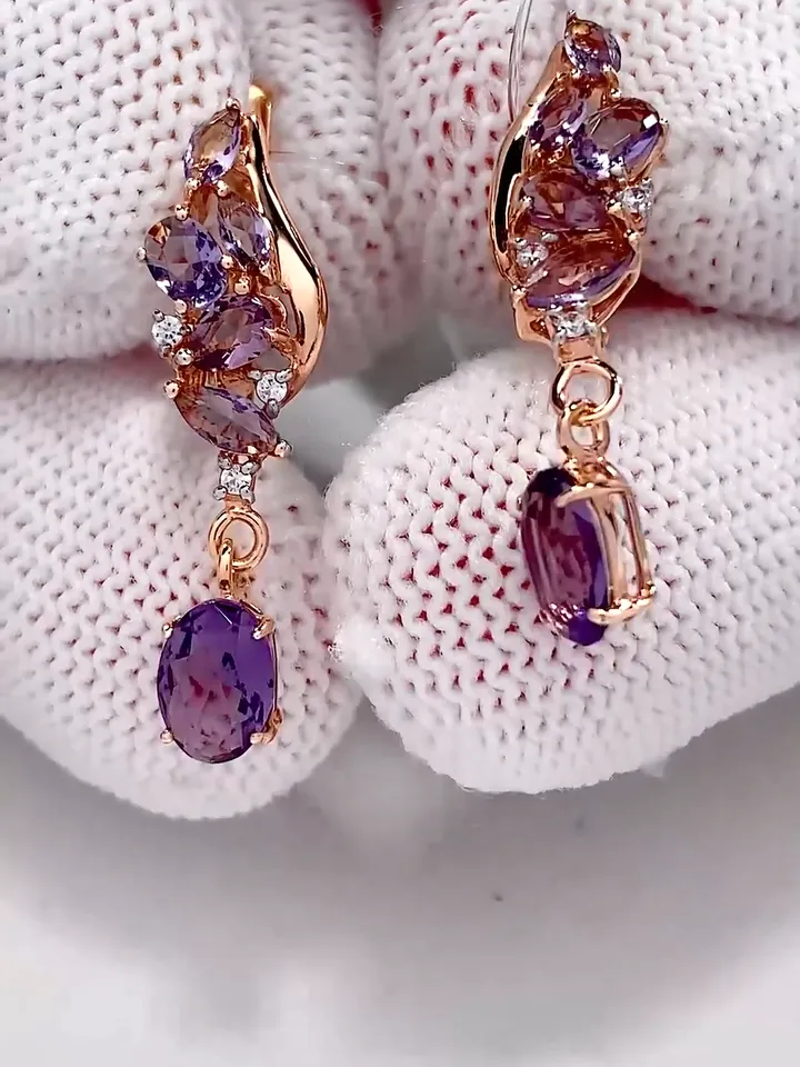 Earrings jewelry Silver gold plated 925 assay value with amethyst