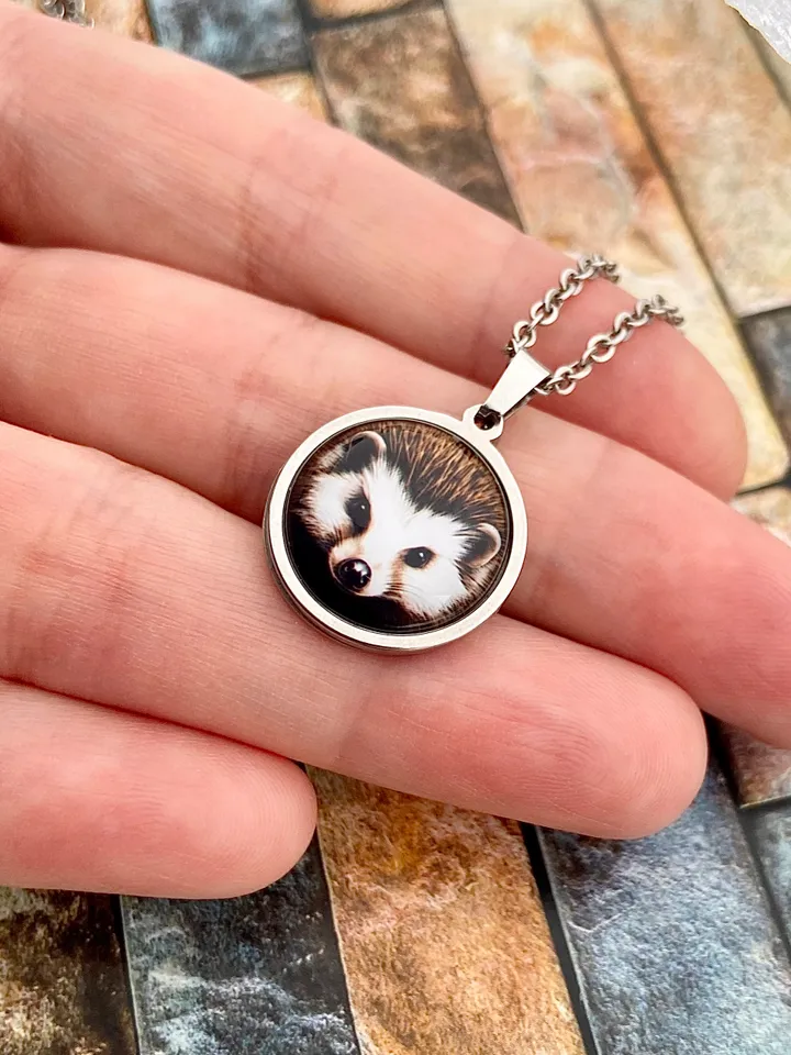 Hedgehog head necklace, steel pendant with glass, Hedgehog lover gift