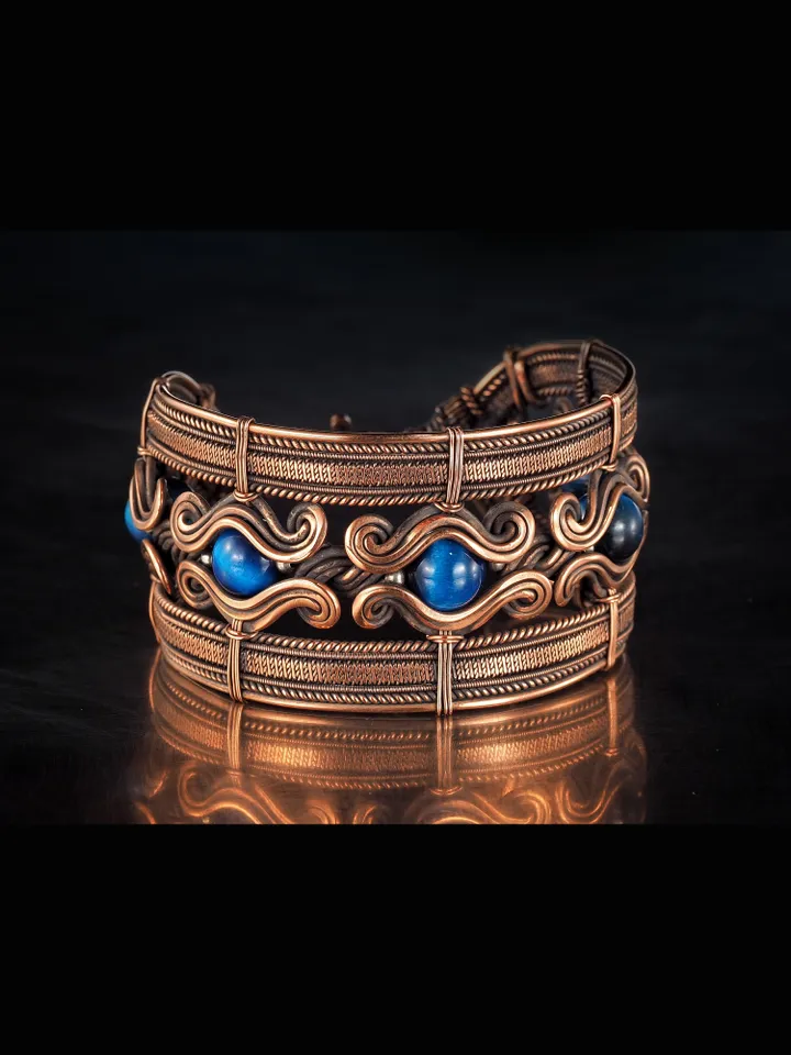 Copper wire bracelet with natural falcon eye, 7th Wedding Anniversary gift