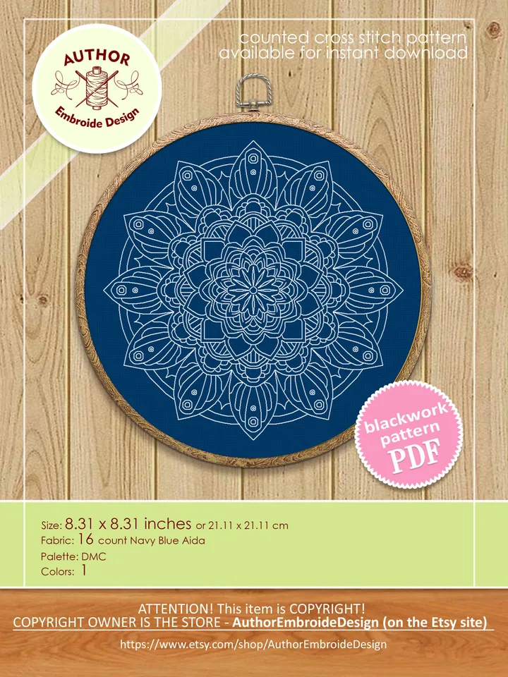 Floral mandala blackwork patterns PDF Blackwork mandala embroidery download PDF, Mandala ornament Backstitch chart, Mandala cross stitch #W8