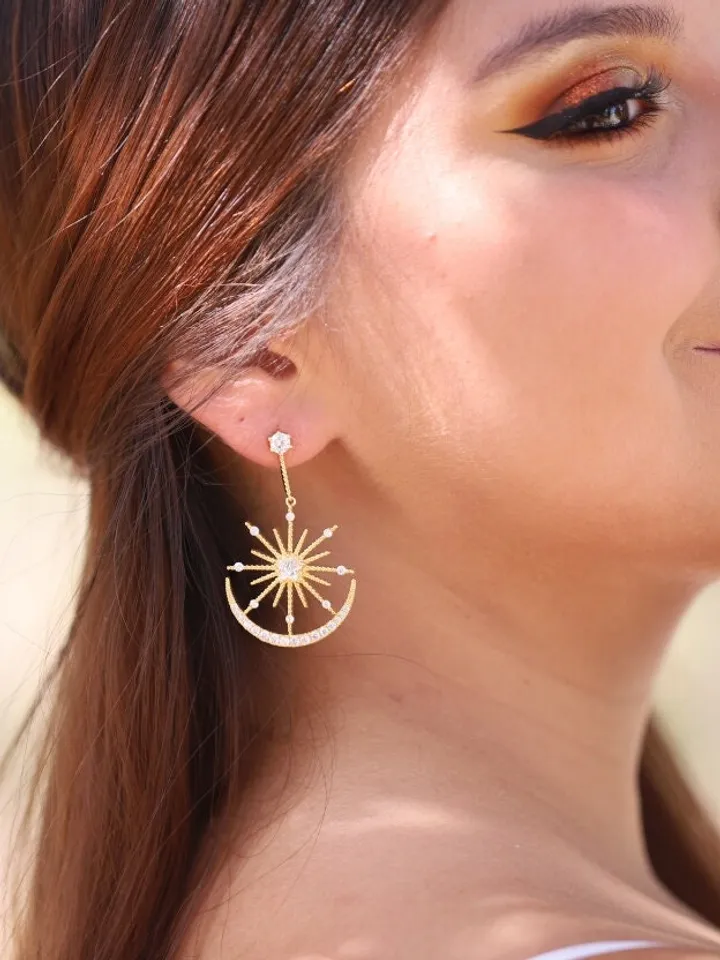 Big Star Gold Art deco Wedding Earrings For Bride, Celestial Statement Bridal Earrings, Swarovski crystal Wedding Earrings, Boho Jewelry