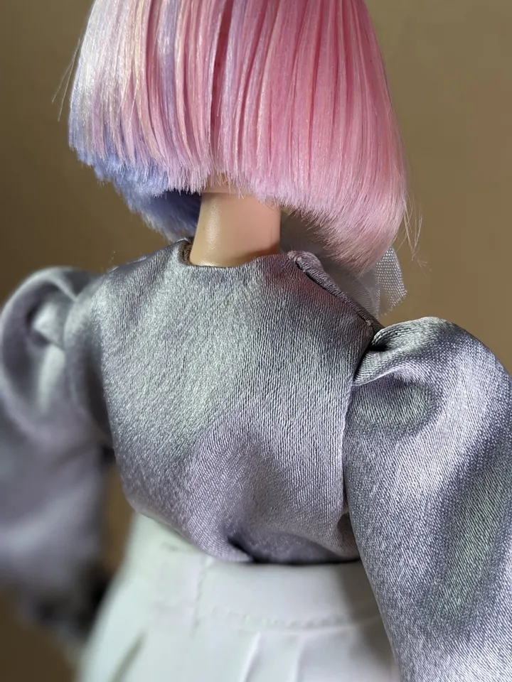 Handmade silk gray bow blouse for 1/6 scale fashion female dolls