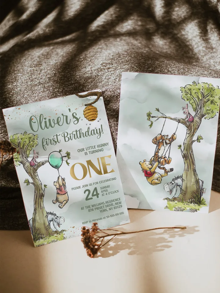 Classic Winnie Pooh Baby Birthday Invitation; Winnie Pooh Baby Birthday ; Greenery Baby Birthday; Honey Bear Birthday; Winnie Pooh wp2