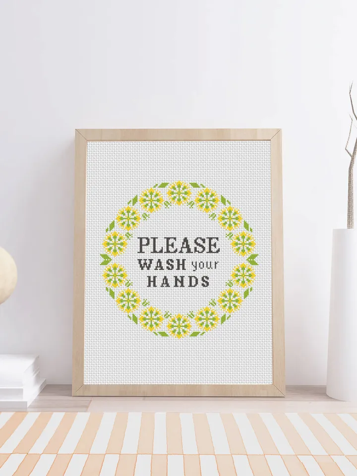 Quote cross stitch flowers Please wash your hands PDF pattern Modern, medical quote round frame, Coronaviridae pandemic Modern needlepoint
