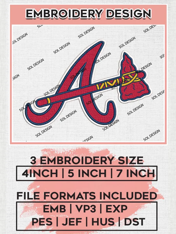 MLB Atlanta Braves Logo Embroidery Design Files, MLB Atlanta Braves Team Embroidery, MLB Teams, 3 sizes, MLB Machine embroidery designs, Digital Download