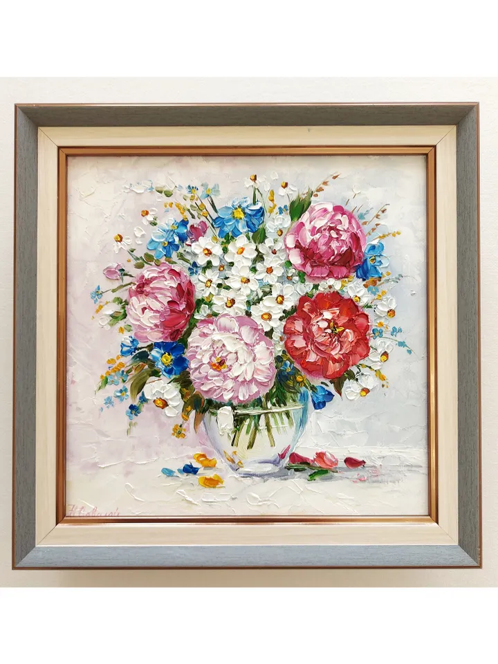 Original oil painting Peonies and Daisies Bright bouquet of flowers 8 by 8 inches (20x20cm) by OilPaintingNatali