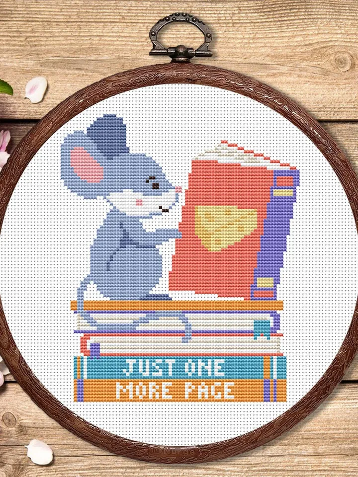 Just One More Page Cross Stitch Pattern, Mouse Cross Stitch Pattern, Books Cross Stitch Pattern, Books Patterns #qt003