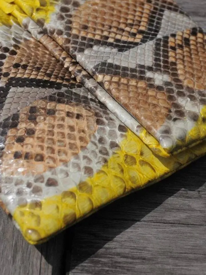 Genuine python skin yellow and brown handmade clutch, classy elegant leather envelope bag, purse, flat snake leather clutch,small clutch