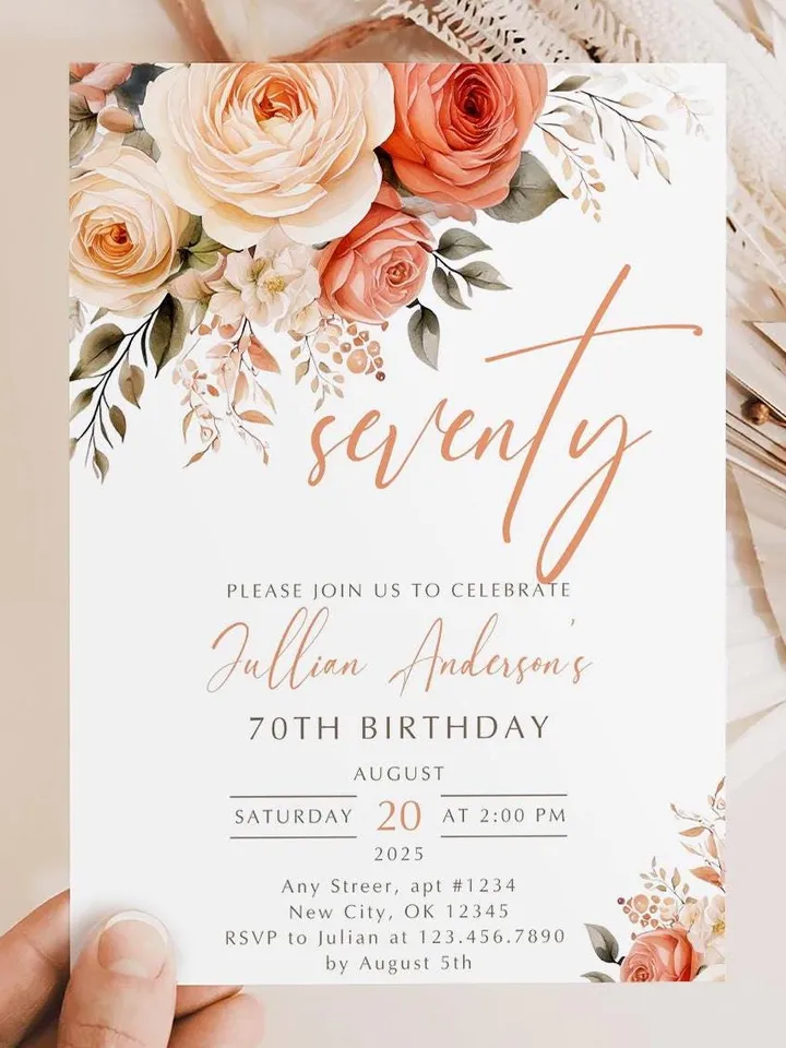 70th Birthday Invitation, Birthday Party Invitations for Women, Floral Birthday Invite for Her, Canva Editable Template, Instant Download