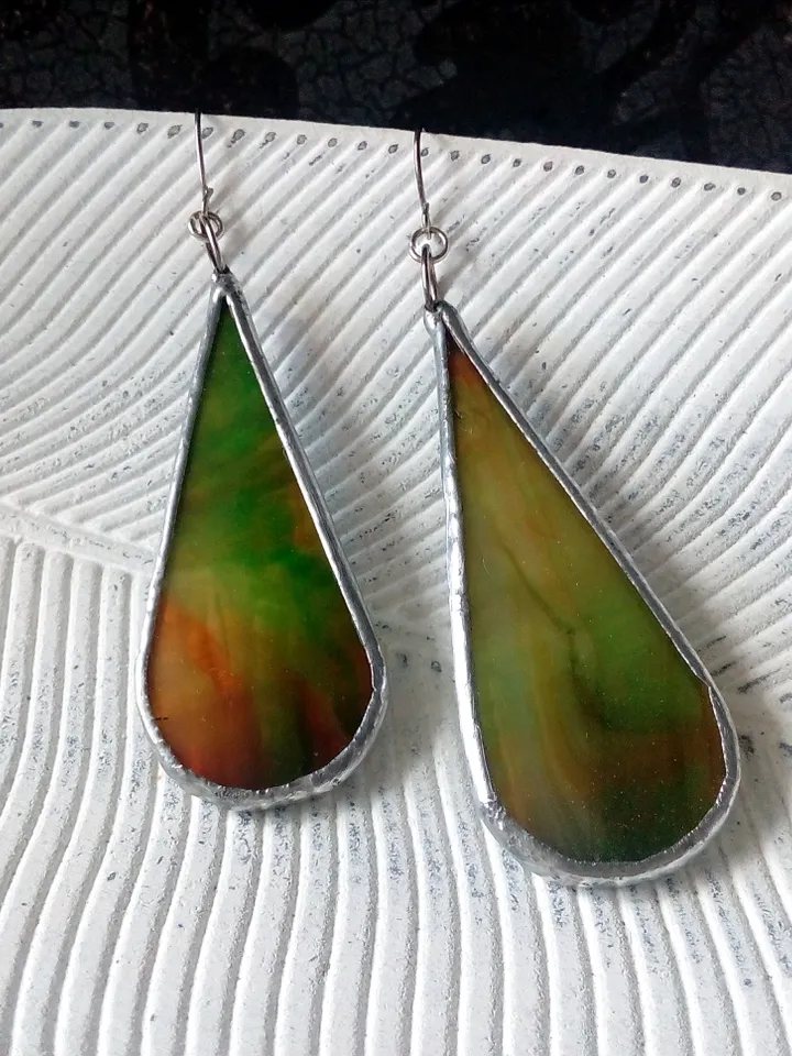 Multicolor drop earrings, Dangle  stained glass earrings, pink long earrings, simple stained glass