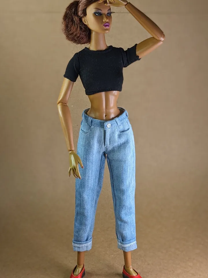 Handmade light blue Boyfriend jeans for 16 inch Fashion Royalty dolls (FR16)
