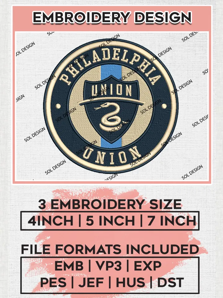 Philadelphia Union Soccer Team Logo Embroidery Design, MLS Philadelphia Union Logo Embroidery Files, Soccer Team Machine Embroidery, Machine Embroidery Design