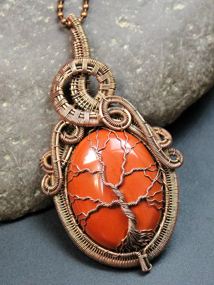Pendant Tree of Life made of copper wire and natural stone Jasper.