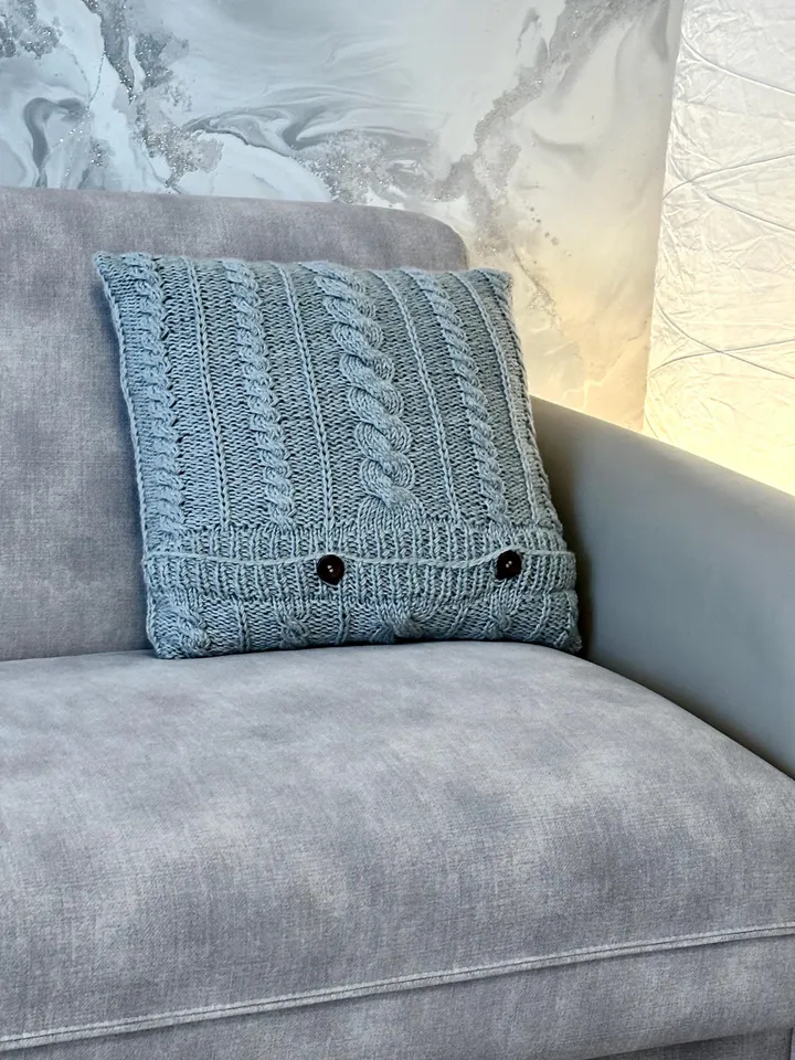 Knitting pattern, pillow cover with cables, knit flat handmade design, envelope or button opening, Eng, 3 Cables Cushion Cover