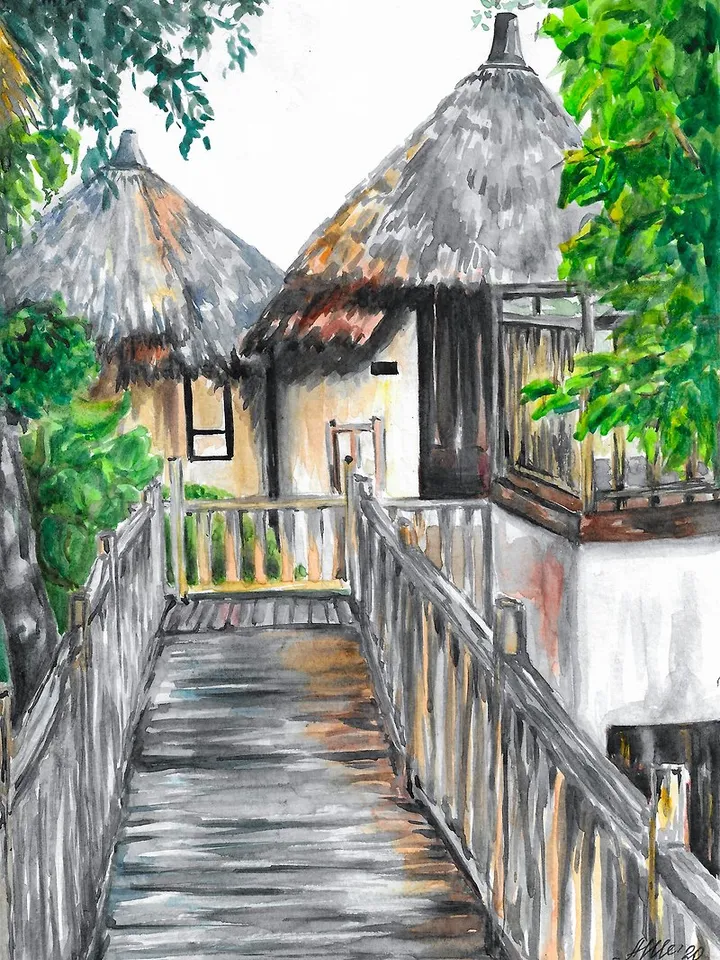 Original watercolor painting Tropical landscape House painting Wall art decor