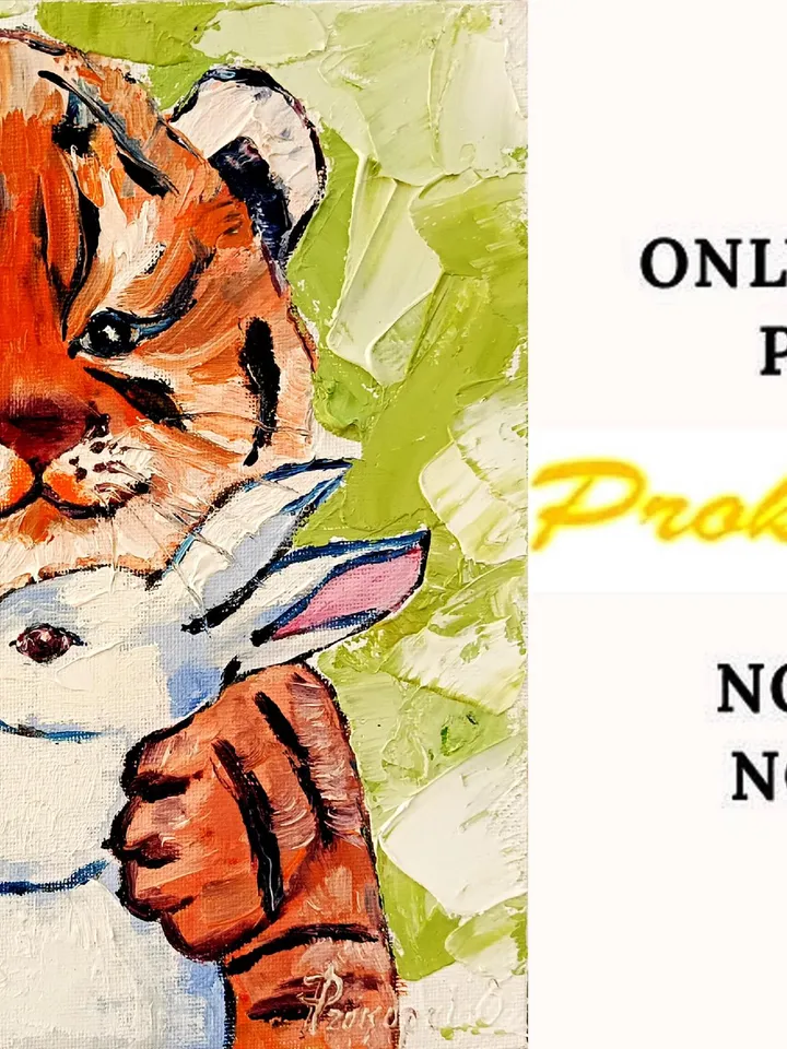Tiger cub Painting Rabbit Original Art Christmas Gifts Impasto Oil Painting Tiger Painting Tiger Art Rabbit Art by ArtProkopaloSv