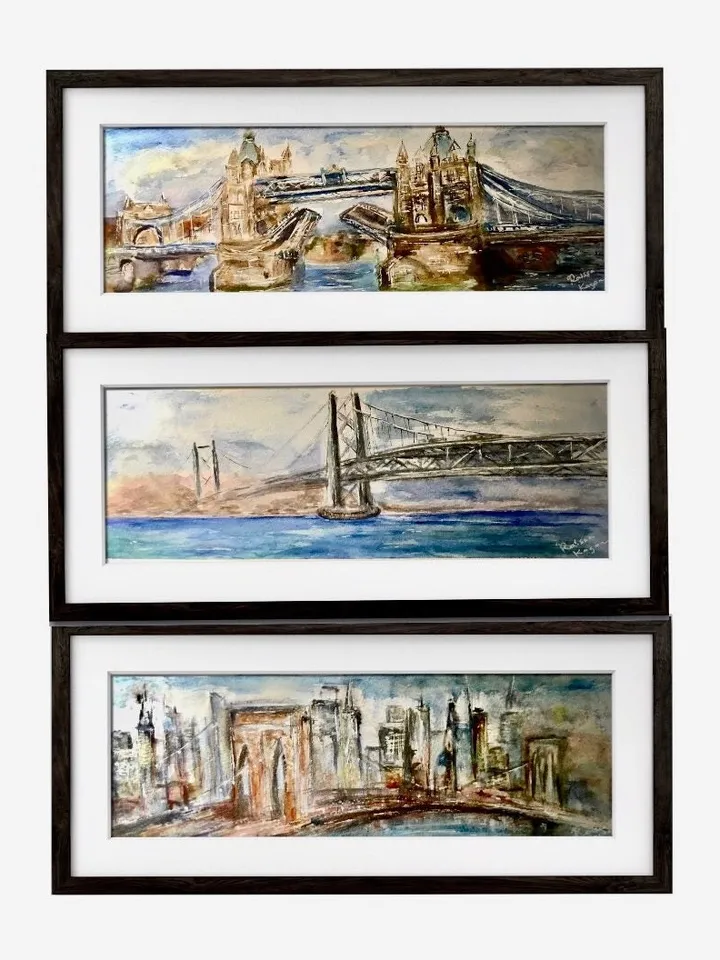 World bridges panoramic triptych - original watercolor paintings of New,York,London and Japanese bidges,cityscape paintings wall art,gifts.