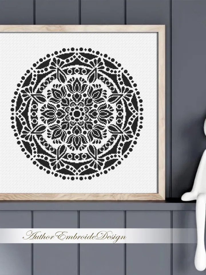 Black mandala cross stitch pattern PDF instant download Mandala ornament cross stitch chart, Monochrome mandala pattern digital PDF #M281