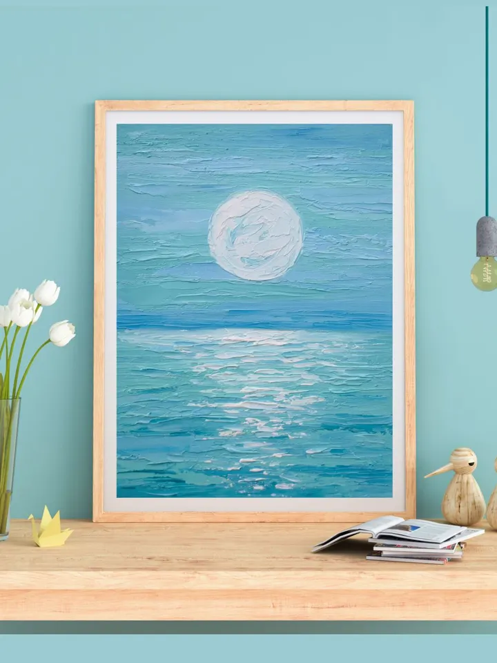 Moonlit night original art Seascape oil painting Blue Turquiose ocean wall art