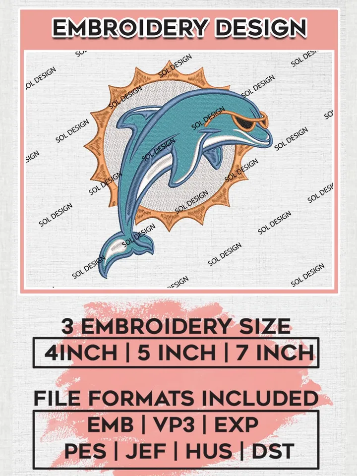 Miami Dolphins Logo Embroidery Designs, NFL Dolphins, NFL Logo Embroidery Files, NFL Miami Dolphins Machine Embroidery Design, Digital Download