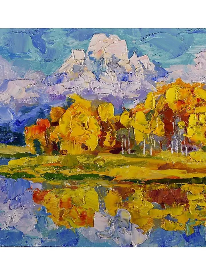 Autumn Landscape Original Painting Lake Mountain Grand Teton National Park